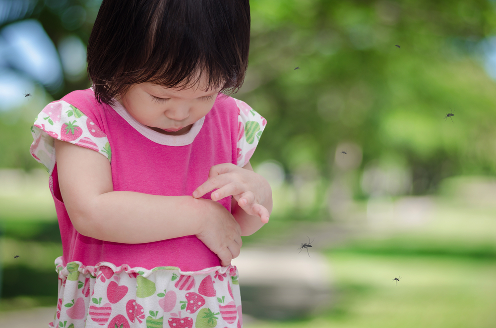 niña señalando una picadura de insectos en su brazo