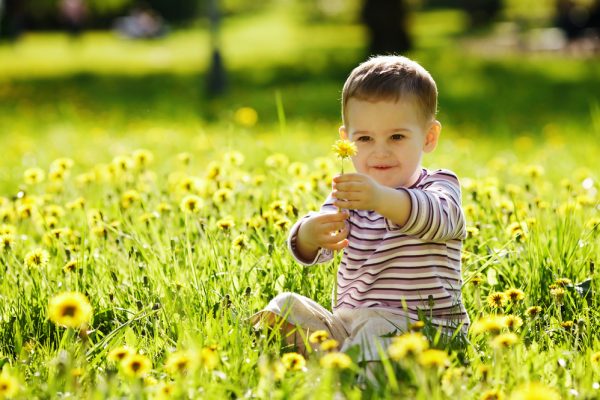 niño pequeño jugando con una flor